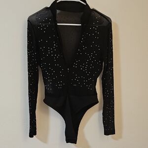 Black Long Sleeve Bodysuit with Rhinestones